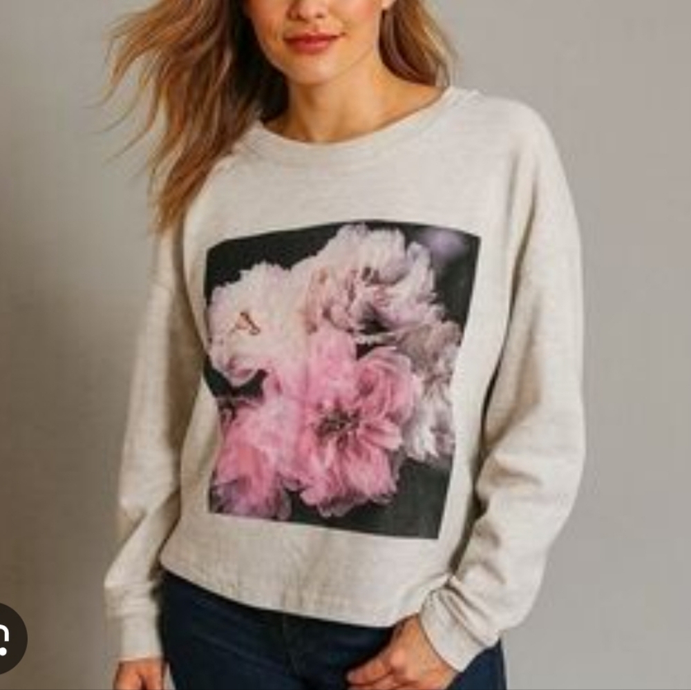 H&M Women's Gray Sweater with Pink Floral Design